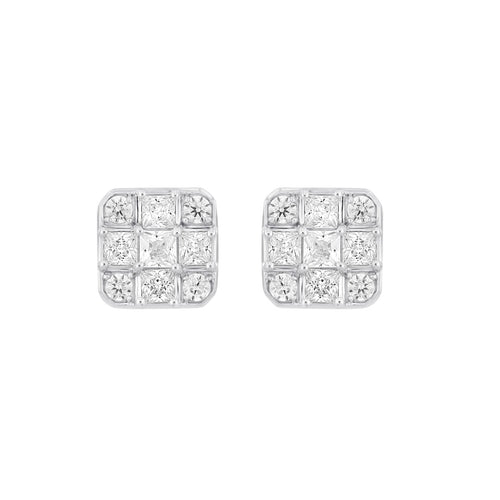 LADIES EARRINGS 1CT ROUND/PRINCESS DIAMOND 14K WHITE GOLD
