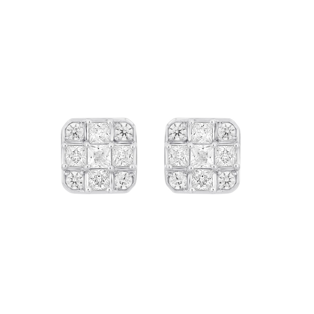 LADIES EARRINGS 1CT ROUND/PRINCESS DIAMOND 14K WHITE GOLD