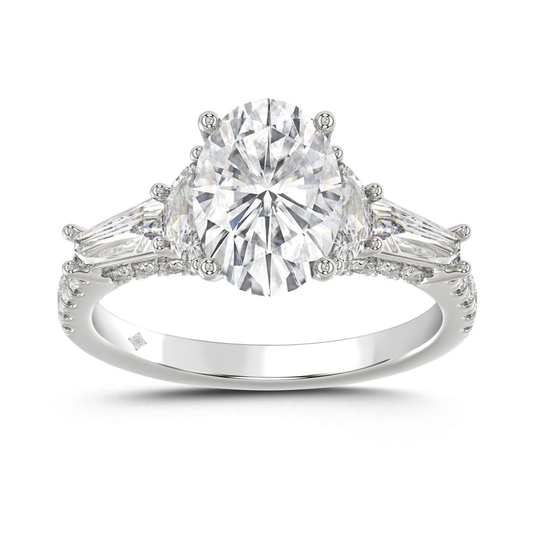 LADIES RING 3 1/2CT ROUND/HALF MOON/OVAL/BAGUETTE DIAMOND 14K WHITE GOLD (CENTER STONE OVAL DIAMOND 2CT )