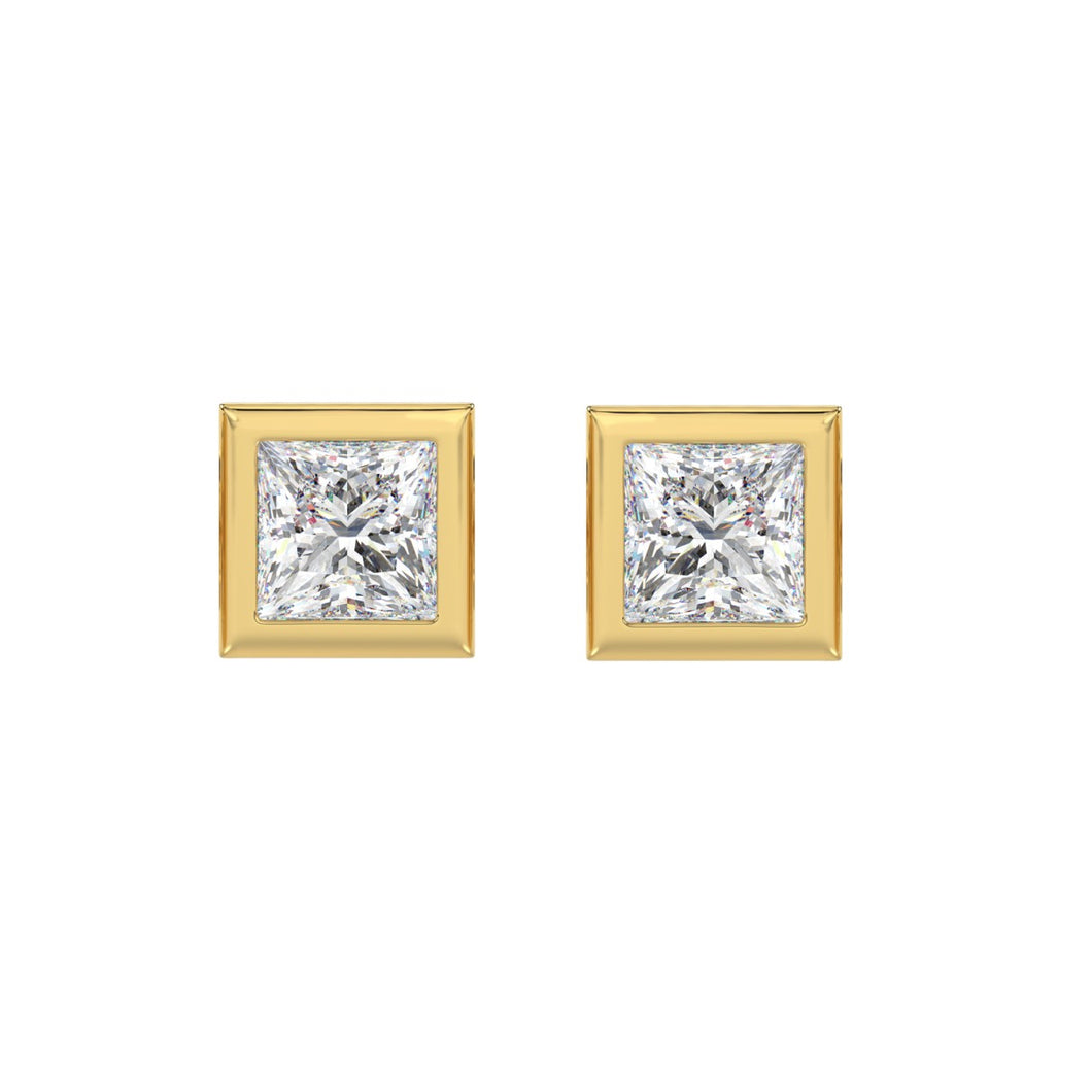 LADIES SOLITAIRE EARRINGS 3CT PRINCESS DIAMOND 14K YELLOW GOLD