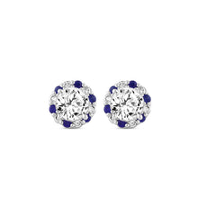 Load image into Gallery viewer, 14K WHITE GOLD 2 5/8CT ROUND/ ROUND BLUE SAPPHIRE DIAMOND LADIES EARRING (CENTER STONE ROUND DIAMOND 2CT)
