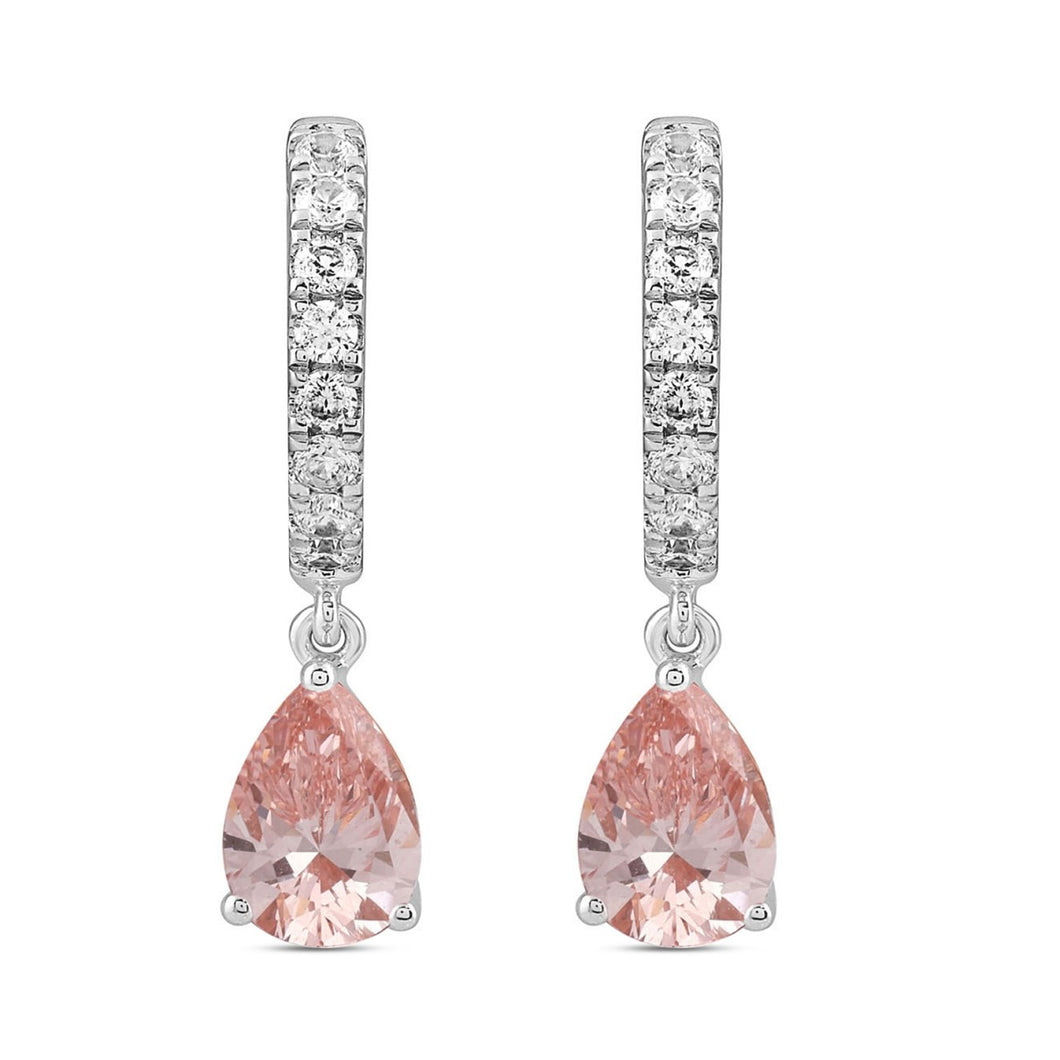14K WHITE/ROSE GOLD 2.00CT ROUND/PINK PEAR DIAMOND LADIES HOOPS EARRINGS