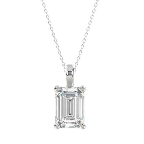 LADIES SOLITAIRE PENDANT WITH CHAIN 4CT EMERALD DIAMOND 14K WHITE GOLD 