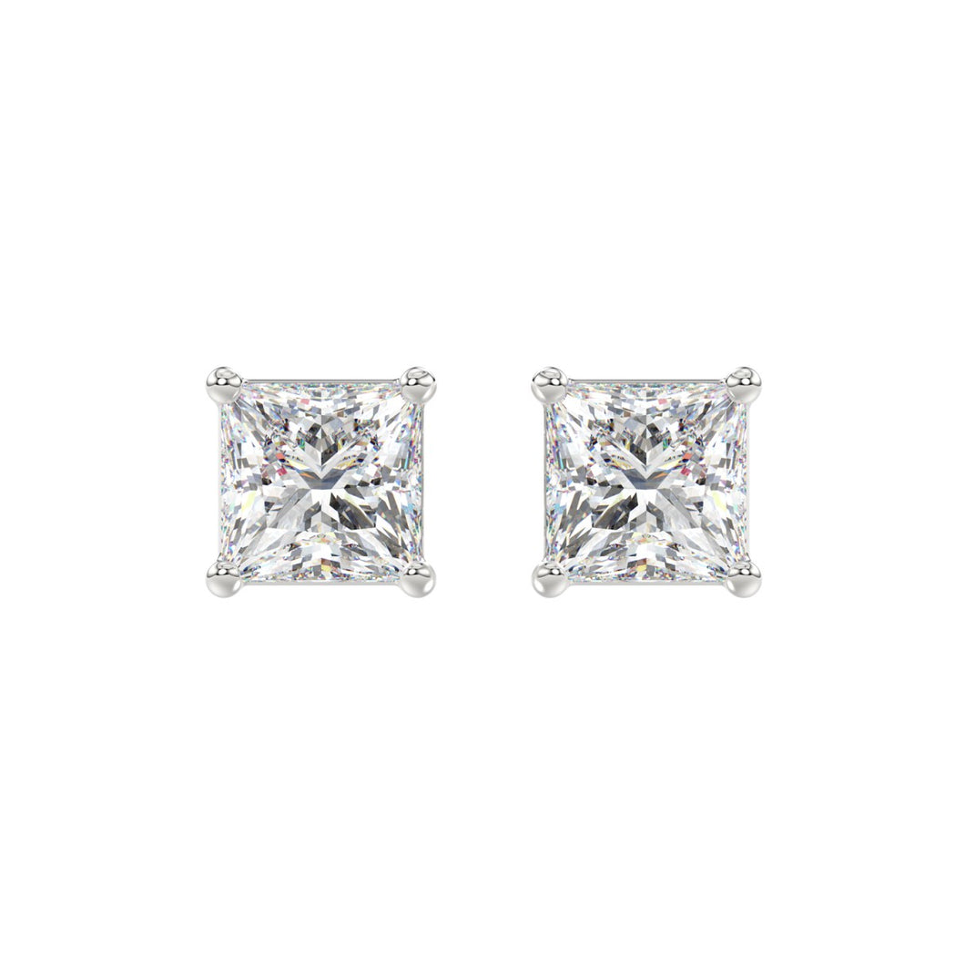 LADIES SOLITAIRE EARRINGS 4CT PRINCESS DIAMOND 14K WHITE GOLD 