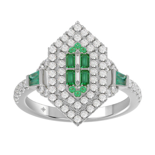 14K WHITE GOLD 1 1/6CT ROUND/BAGUETTE/EMERALD DIAMOND LADIES RING (GREEN EMERALD BAGUETTE DIAMOND 1/6CT)