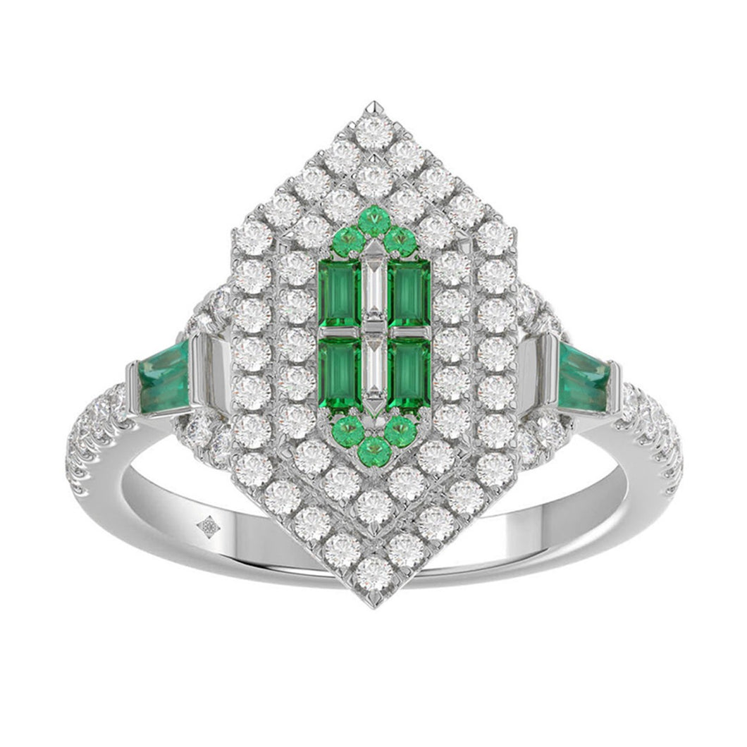 14K WHITE GOLD 1 1/6CT ROUND/BAGUETTE/EMERALD DIAMOND LADIES RING (GREEN EMERALD BAGUETTE DIAMOND 1/6CT)