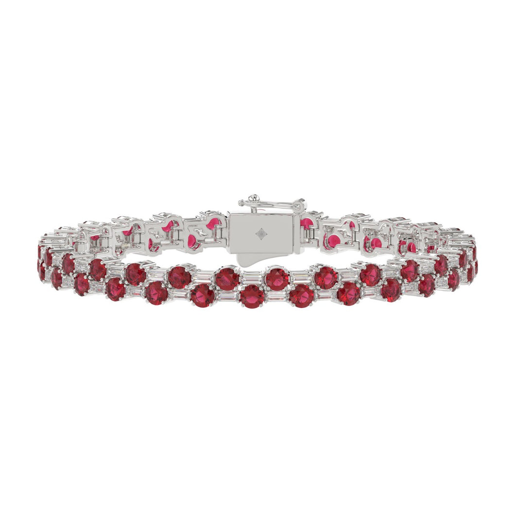 14K WHITE GOLD 9.00CT BAGUETTE/ROUND RUBY DIAMOND LADIES BRACELET (ROUND RUBY 7 3/4CT)
