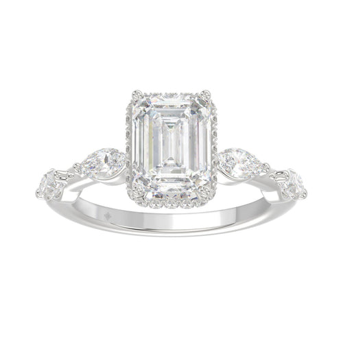 LADIES RING 3.50CT ROUND/MARQUISE/EMERALD DIAMOND 14K WHITE GOLD (CENTER STONE EMERALD DIAMOND 3.00CT)