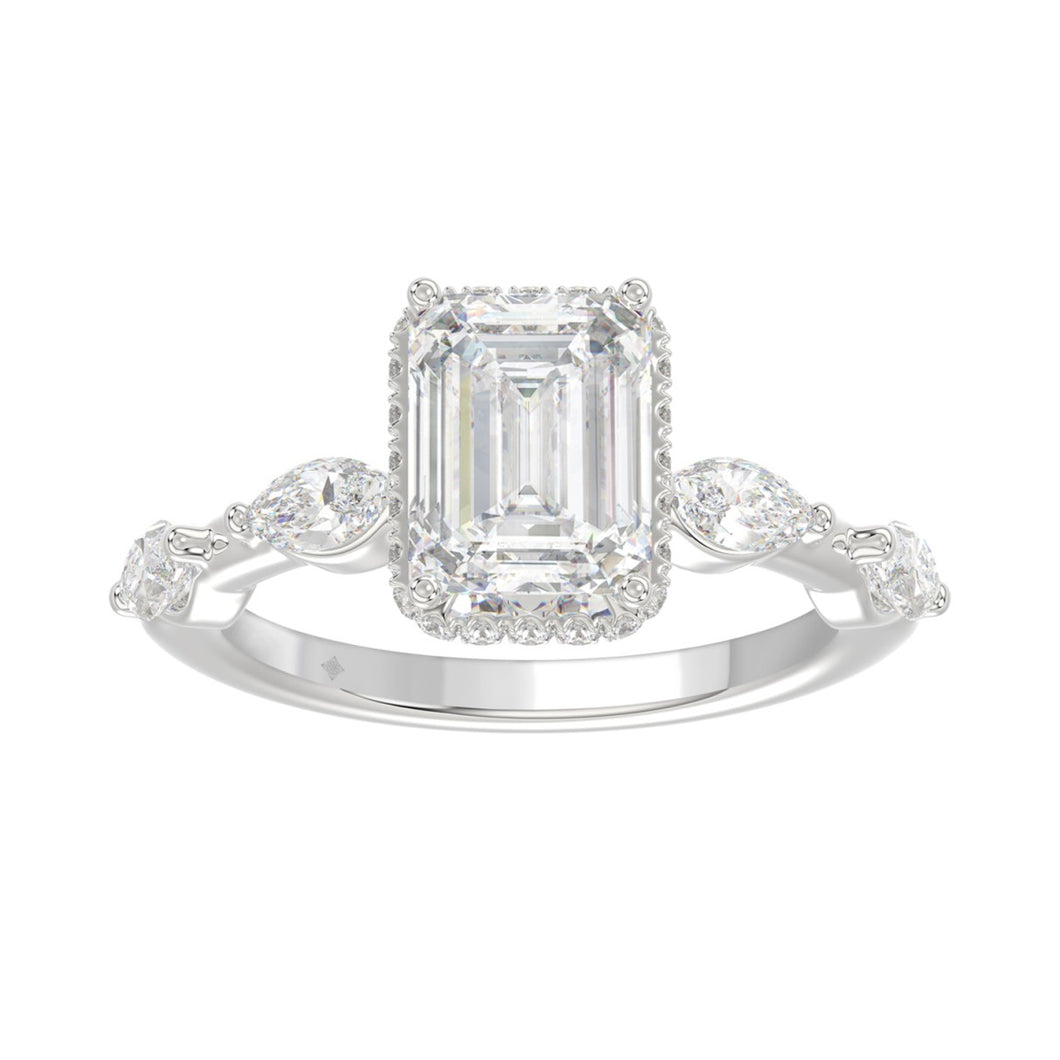 LADIES RING 3.50CT ROUND/MARQUISE/EMERALD DIAMOND 14K WHITE GOLD (CENTER STONE EMERALD DIAMOND 3.00CT)