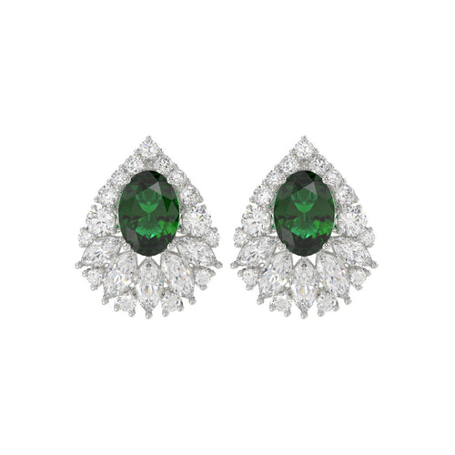 LADIES EARRINGS 4.50CT ROUND/MARQUISE/OVAL DIAMOND 14K WHITE GOLD (CENTER STONE GREEN EMERALD OVAL DIAMOND 2 1/2CT)