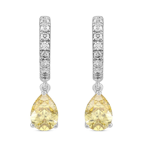 14K WHITE GOLD 2.00CT ROUND/YELLOW PEAR DIAMOND LADIES HOOP EARRINGS 