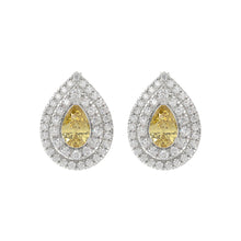 Load image into Gallery viewer, 14K WHITE GOLD CRAFTED WITH 18K YELLOW GOLD BACK PLATE 3 1/4CT ROUND/YELLOW PEAR DIAMOND LADIES EARRINGS
