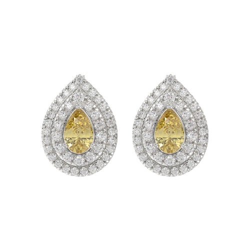 14K WHITE GOLD CRAFTED WITH 18K YELLOW GOLD BACK PLATE 3 1/4CT ROUND/YELLOW PEAR DIAMOND LADIES EARRINGS