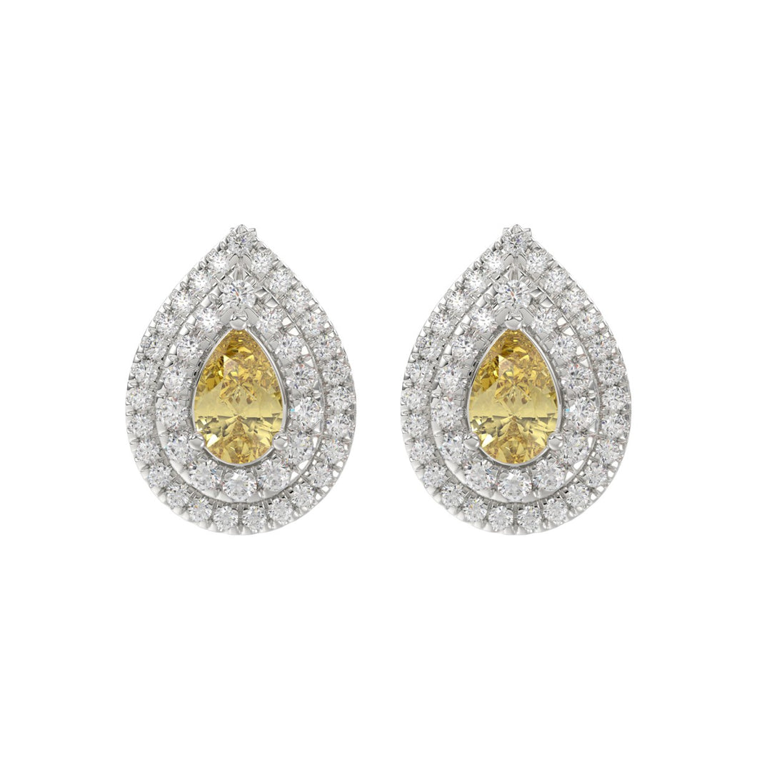 14K WHITE GOLD CRAFTED WITH 18K YELLOW GOLD BACK PLATE 3 1/4CT ROUND/YELLOW PEAR DIAMOND LADIES EARRINGS