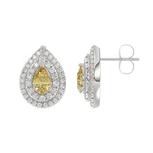 Load image into Gallery viewer, 14K WHITE GOLD CRAFTED WITH 18K YELLOW GOLD BACK PLATE 3 1/4CT ROUND/YELLOW PEAR DIAMOND LADIES EARRINGS
