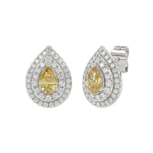 Load image into Gallery viewer, 14K WHITE GOLD CRAFTED WITH 18K YELLOW GOLD BACK PLATE 3 1/4CT ROUND/YELLOW PEAR DIAMOND LADIES EARRINGS
