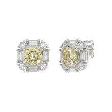 Load image into Gallery viewer, 14K WHITE GOLD CRAFTED WITH 18K YELLOW GOLD BACK PLATE 1 1/3CT ROUND/BAGUETTE/YELLOW CUSHION DIAMOND LADIES EARRINGS
