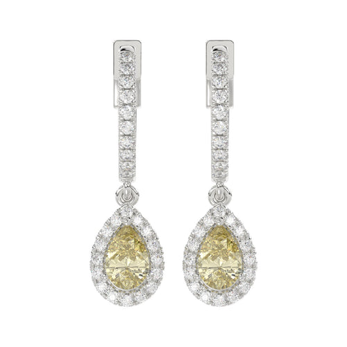 14K WHITE GOLD CRAFTED WITH 18K YELLOW GOLD BACK PLATE 1 1/2CT ROUND/YELLOW PEAR  DIAMOND LADIES EARRINGS