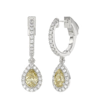 Load image into Gallery viewer, 14K WHITE GOLD CRAFTED WITH 18K YELLOW GOLD BACK PLATE 1 1/2CT ROUND/YELLOW PEAR  DIAMOND LADIES EARRINGS
