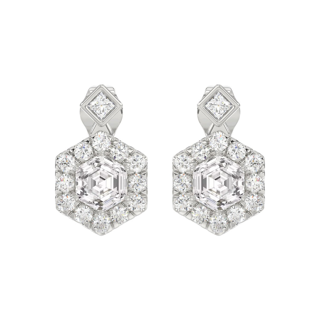 14KWHITE GOLD 2 1/4CT ROUND/HEXAGON STEP CUT DIAMOND LADIES EARRINGS