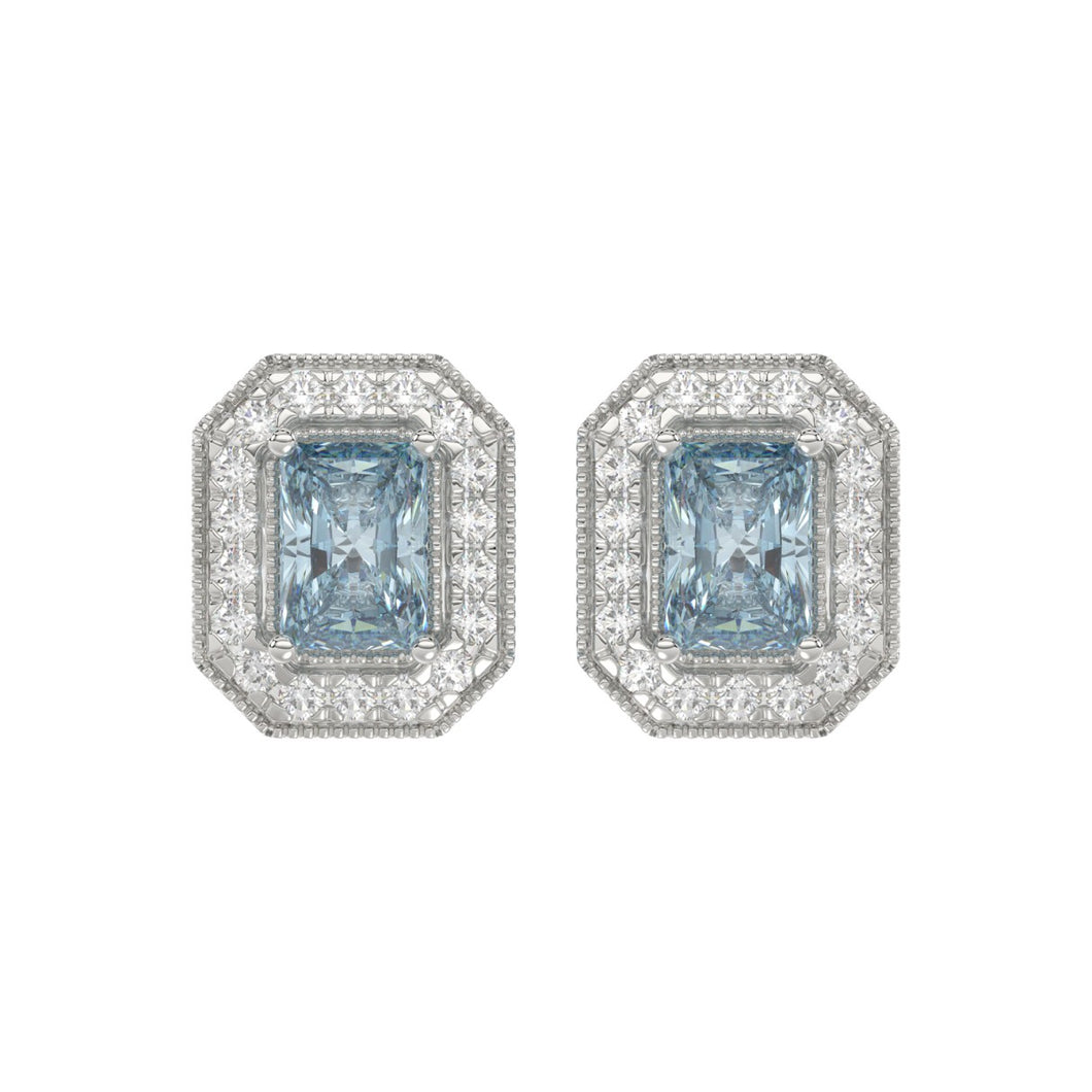 14K WHITE GOLD CRAFTED WITH 18K YELLOW GOLD BACK PLATE 1 1/4CT ROUND/BLUE EMERALD DIAMOND LADIES EARRINGS