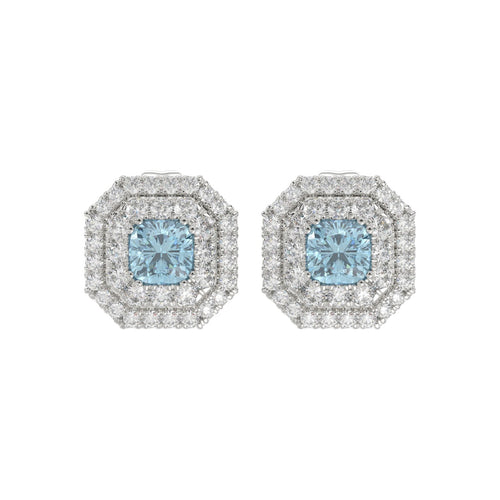 14K WHITE GOLD CRAFTED WITH 18K YELLOW GOLD BACK PLATE 1 1/2CT ROUND/BLUE CUSHION DIAMOND LADIES EARRINGS