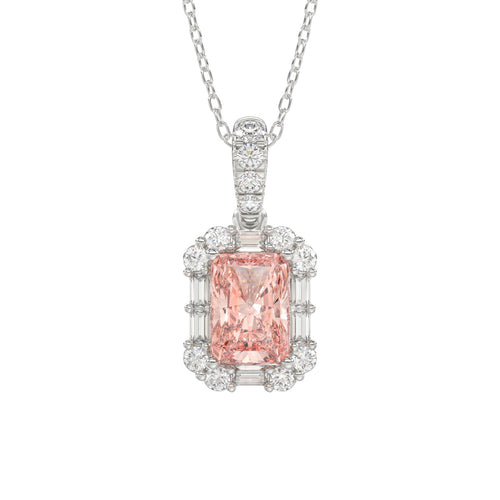 14K WHITE GOLD CRAFTED WITH 18K YELLOW GOLD BACK PLATE 1 1/4CT ROUND/BAGUETTE/PINK RADIANT DIAMOND LADIES PENDANT WITH CHAIN