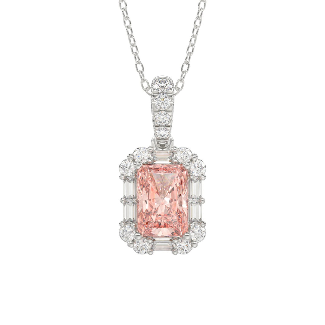 14K WHITE GOLD CRAFTED WITH 18K YELLOW GOLD BACK PLATE 1 1/4CT ROUND/BAGUETTE/PINK RADIANT DIAMOND LADIES PENDANT WITH CHAIN