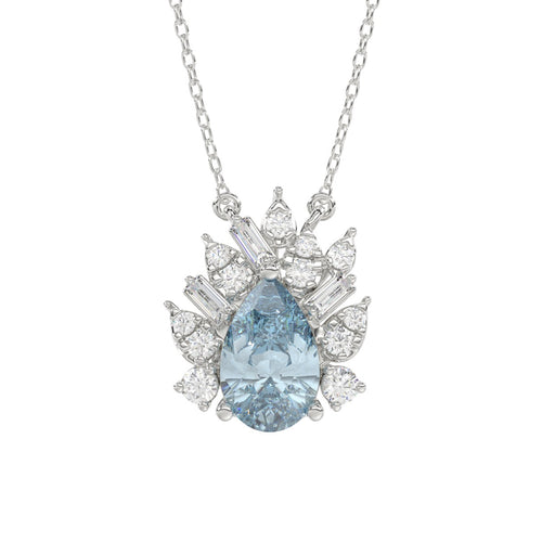 14K WHITE GOLD CRAFTED WITH 18K YELLOW GOLD BACK PLATE 1 1/4CT ROUND/BLUE PEAR/BAGUETTE DIAMOND LADIES NECKLACE WITH CHAIN