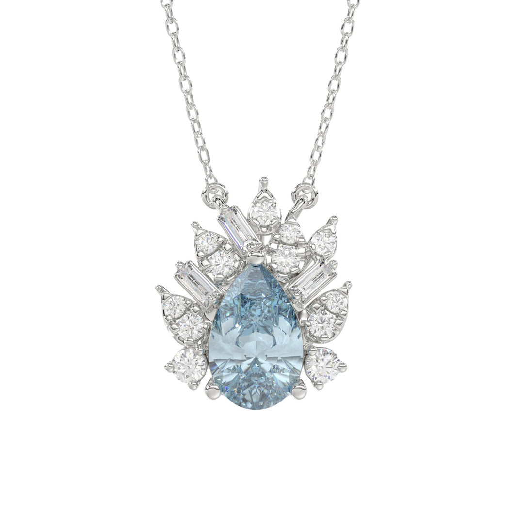 14K WHITE GOLD CRAFTED WITH 18K YELLOW GOLD BACK PLATE 1 1/4CT ROUND/BLUE PEAR/BAGUETTE DIAMOND LADIES NECKLACE WITH CHAIN