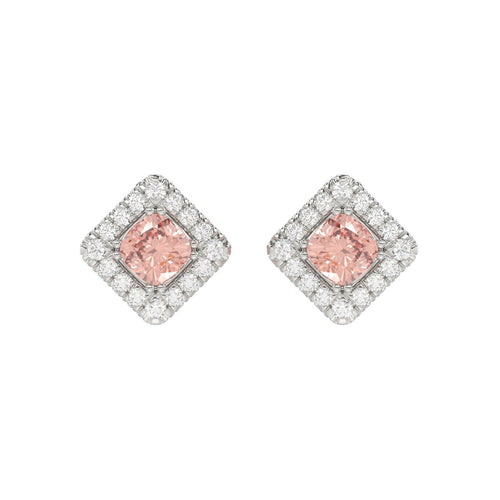 14K WHITE GOLD CRAFTED WITH 18K YELLOW GOLD BACK PLATE 1 1/4CT ROUND/PINK CUSHION DIAMOND LADIES EARRINGS