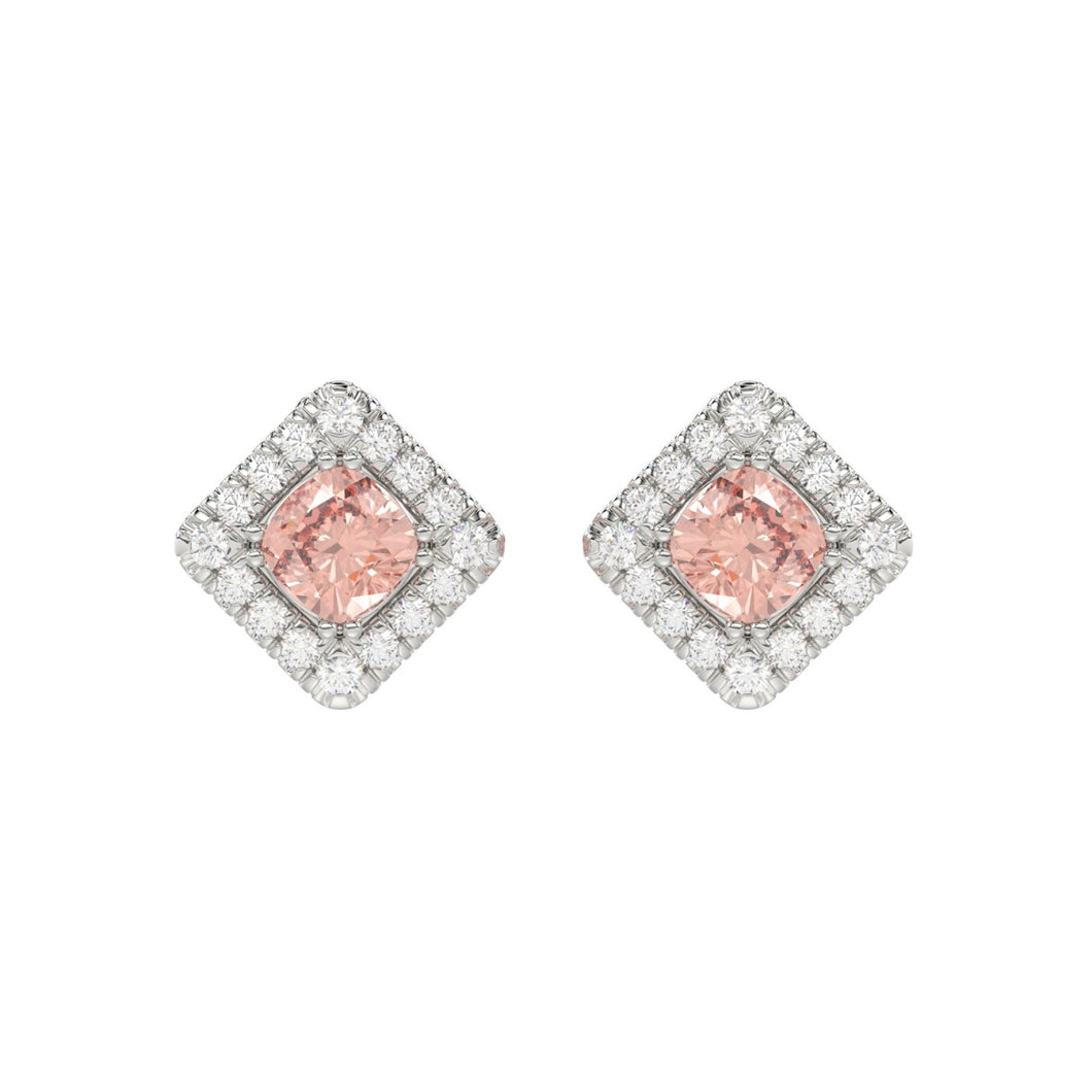 14K WHITE GOLD CRAFTED WITH 18K YELLOW GOLD BACK PLATE 1 1/4CT ROUND/PINK CUSHION DIAMOND LADIES EARRINGS