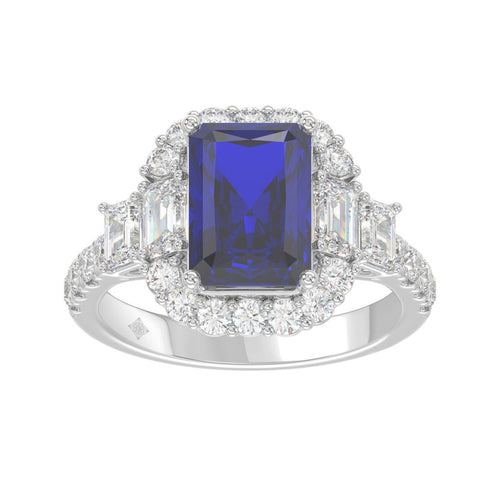 14K WHITE GOLD 4 1/2CT ROUND/EMERALD DIAMOND LADIES RING (CENTER STONE EMERALD BLUE SAPPHIRE DIAMOND 3CT)