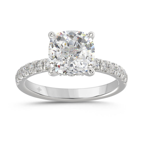 14K WHITE GOLD 3 1/2CT ROUND/CUSHION DIAMOND LADIES RING (CENTER STONE CUSHION DIAMOND 3CT)