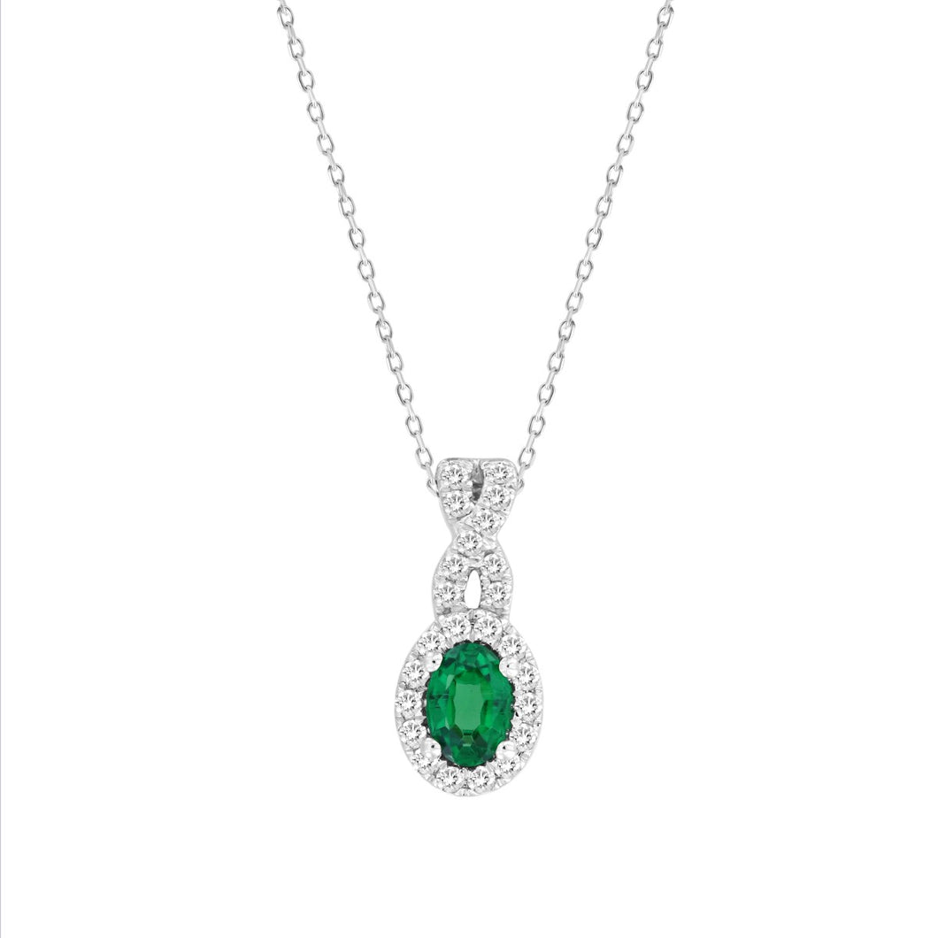 18K White Gold 3/4CT Diamond & Green Emerald Oval Pendant with Chain