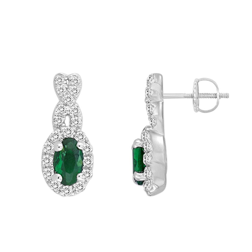14K White Gold Natural Emerald & Diamond Oval Earrings – 0.80CT Total