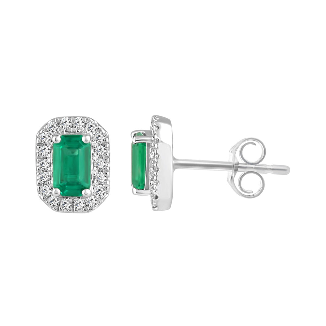 14K White Gold 0.90CT Natural Round & Emeralds Ladies Earrings