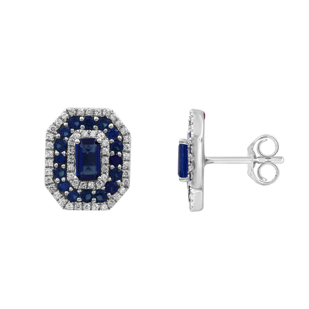 18K White Gold 0.88CT Natural Round & Emerald-Cut Diamond Ladies Earrings (Emerald Sapphire Center 0.62CT)