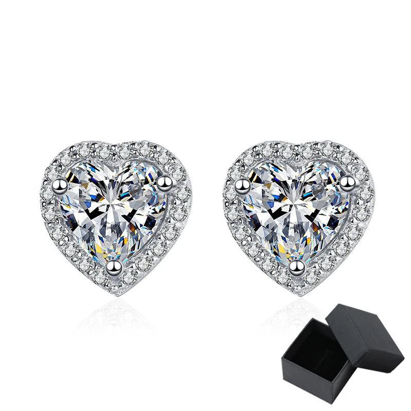 Moissanite Heart Cut 1CT 2CT 4 CT Stud Earrings with side stone zircon for Women